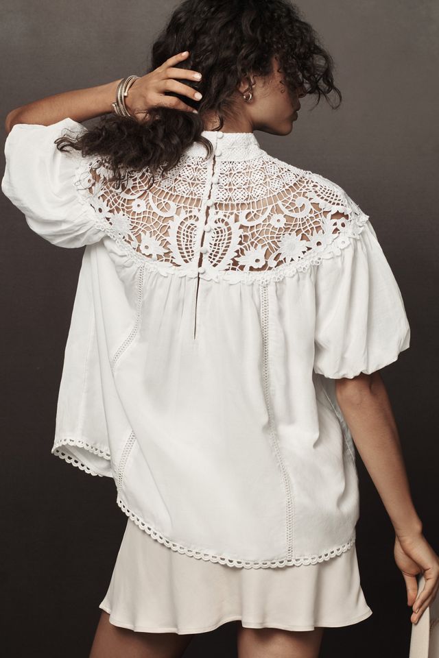 By Anthropologie Mock-Neck Puff-Sleeve Lace Blouse #1