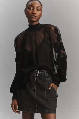 By Anthropologie Long-sleeve Sheer Velvet Appliqué Blouse In Black