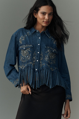 PILCRO PILCRO EMBROIDERED FRINGE DENIM BUTTONDOWN SHIRT 