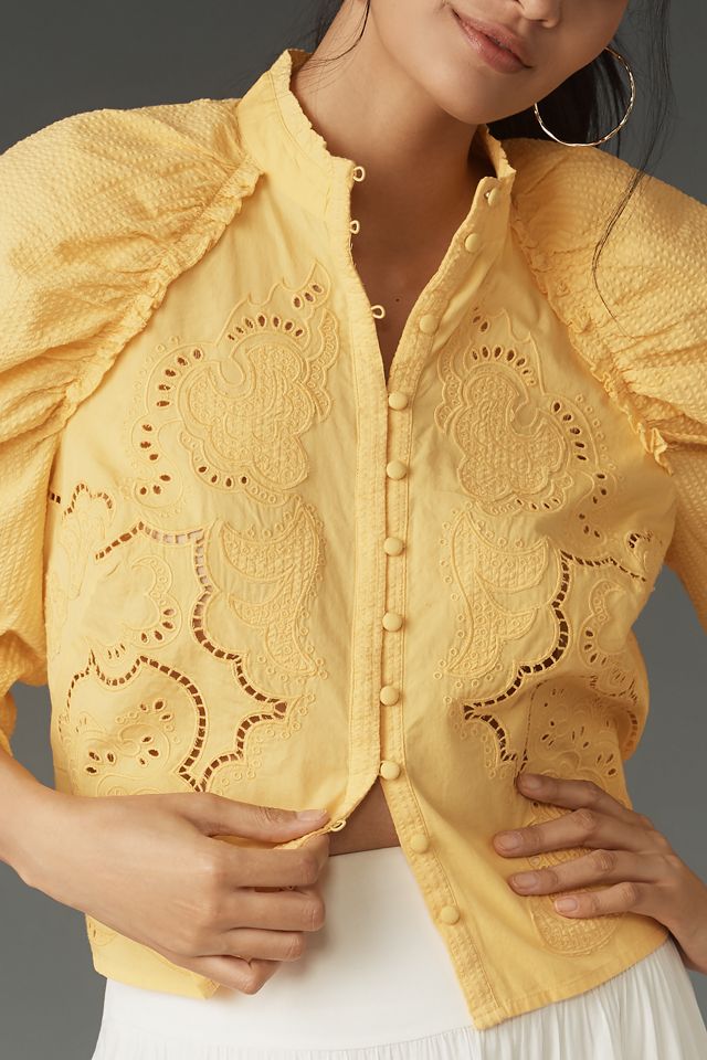 Maeve Puff-Sleeve Embroidered Lace Popover Blouse #1