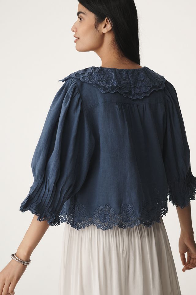 By Anthropologie Linen Blend Lace-Collar Blouse #1