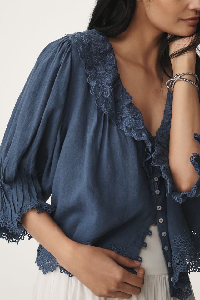 By Anthropologie Linen Blend Lace-Collar Blouse #2