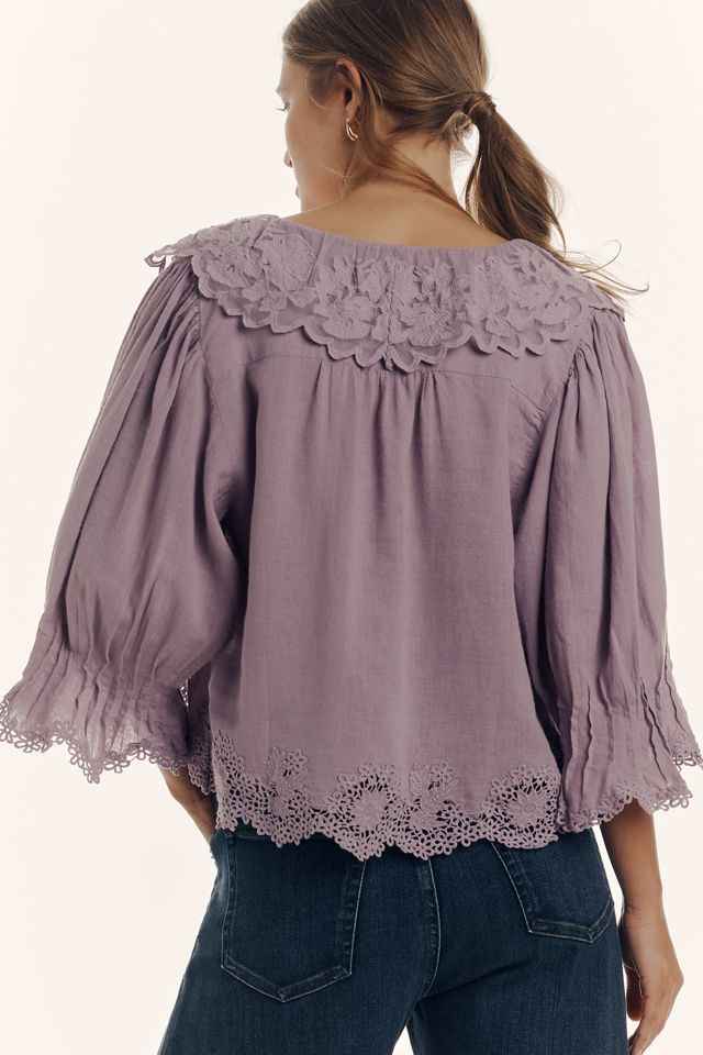 By Anthropologie Linen Lace-Collar Blouse #1