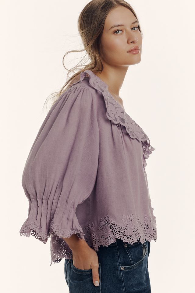 By Anthropologie Linen Lace-Collar Blouse #2