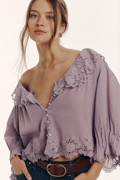By Anthropologie Linen Blend Lace-Collar Blouse