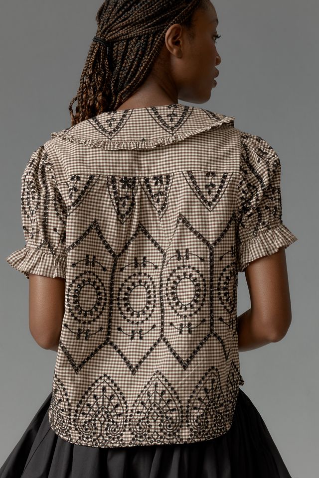 The Keira Collared Button-Front Blouse by Pilcro: Embroidered Gingham Edition