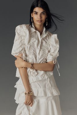 MAEVE DRAWSTRING PUFF-SLEEVE BUTTON-FRONT BLOUSE 