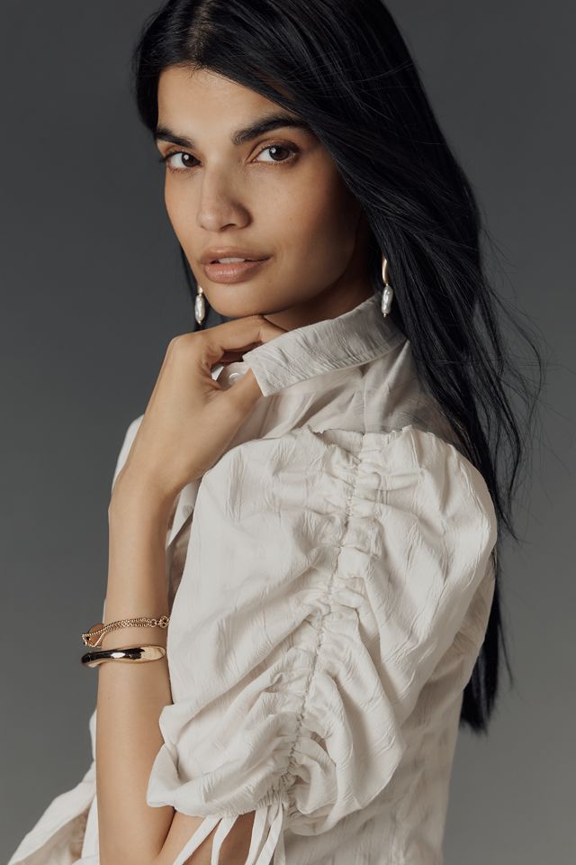 Maeve Drawstring Puff-Sleeve Button-Front Blouse #1