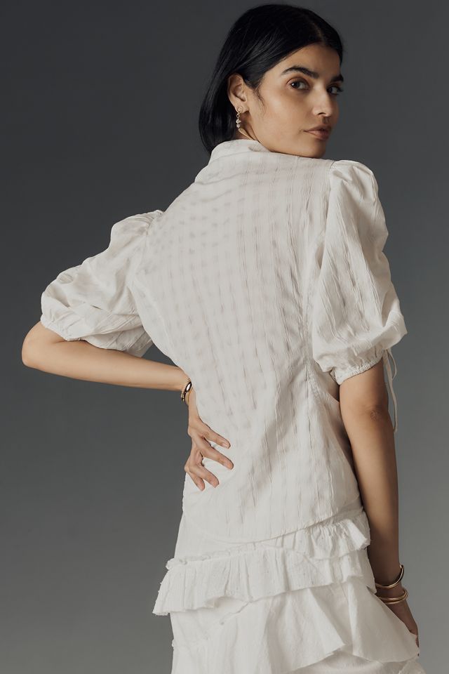 Maeve Drawstring Puff-Sleeve Button-Front Blouse #2