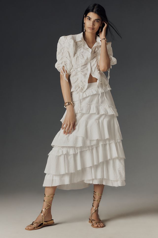 Maeve Drawstring Puff-Sleeve Button-Front Blouse #3