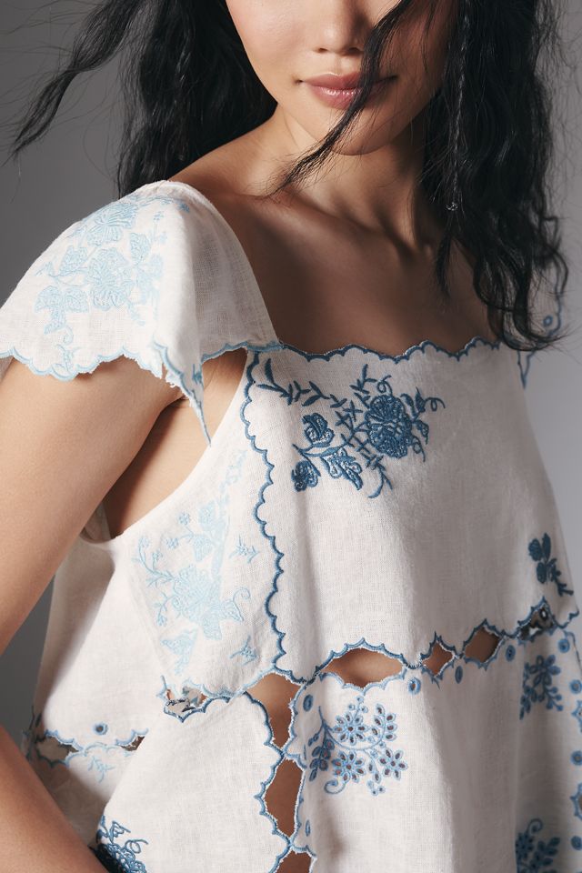 By Anthropologie Linen Blend Flutter-Sleeve Embroidered Cutout Top #3