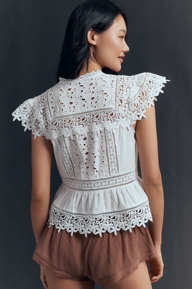 By Anthropologie Sleeveless High-Neck Lace-Inset Blouse #3