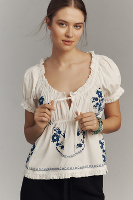 anthropologie By Anthropologie Puff-Sleeve Embroidered Babydoll Top White