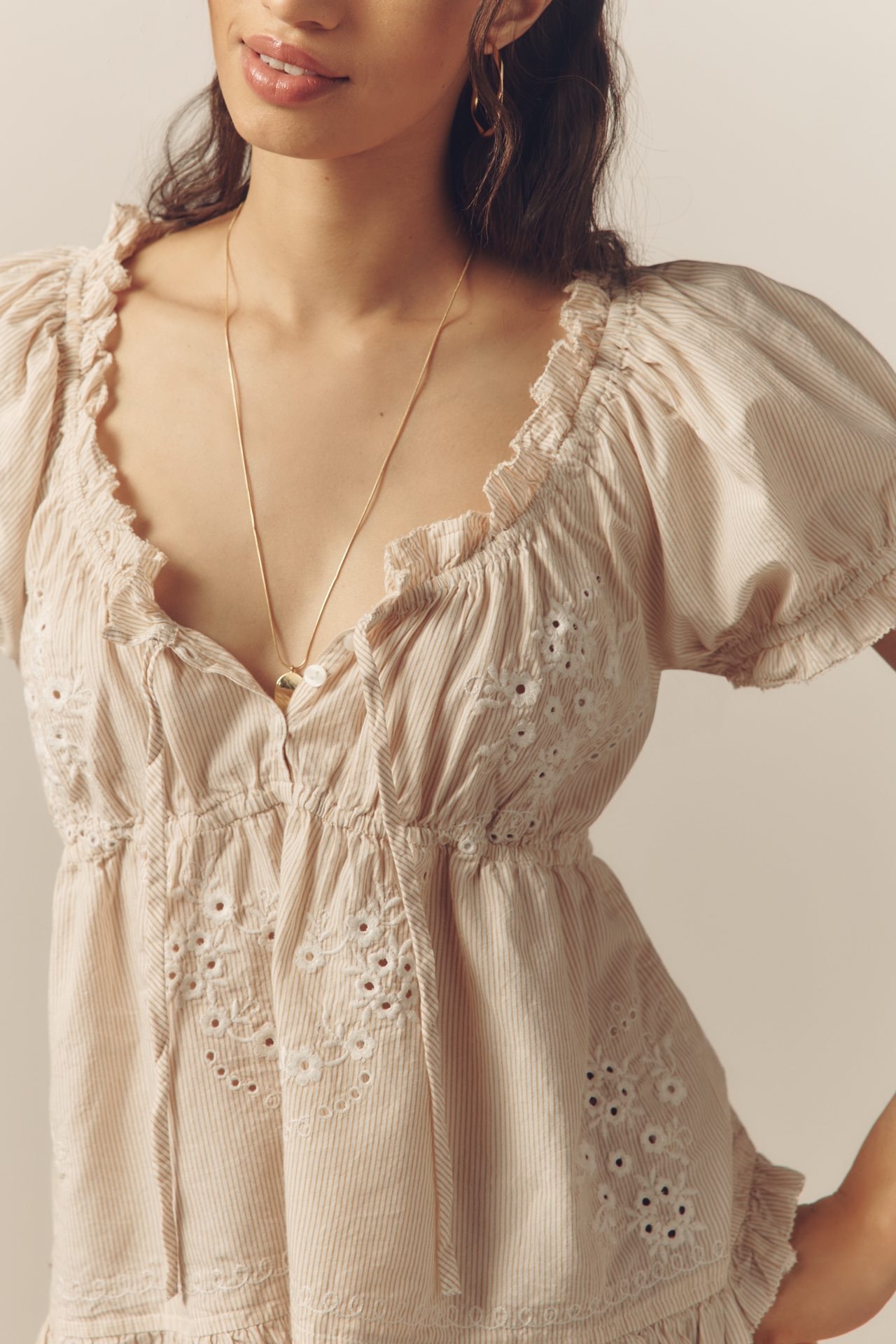 By Anthropologie Puff-Sleeve Embroidered Babydoll Top