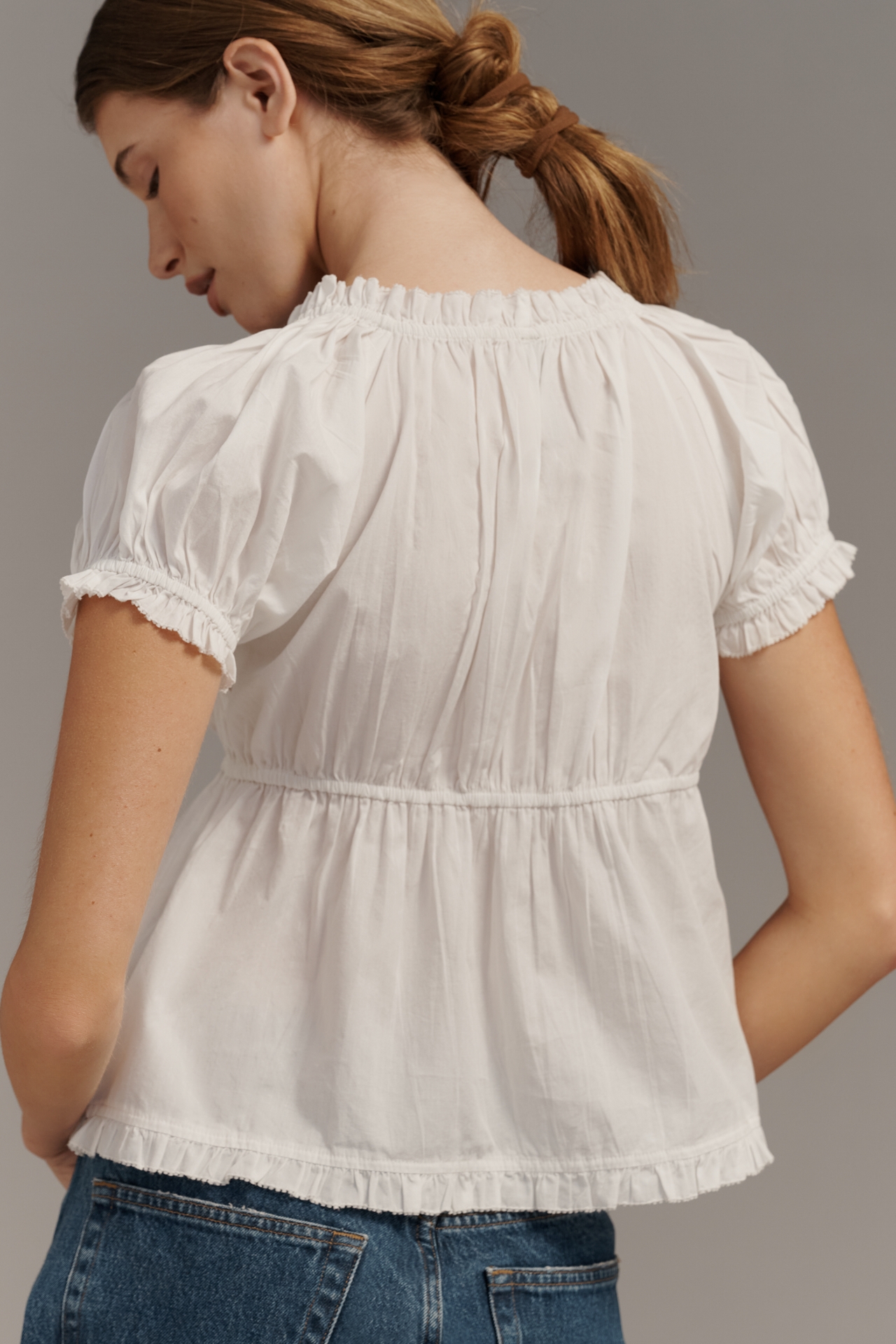By Anthropologie Puff-Sleeve Embroidered Babydoll Top