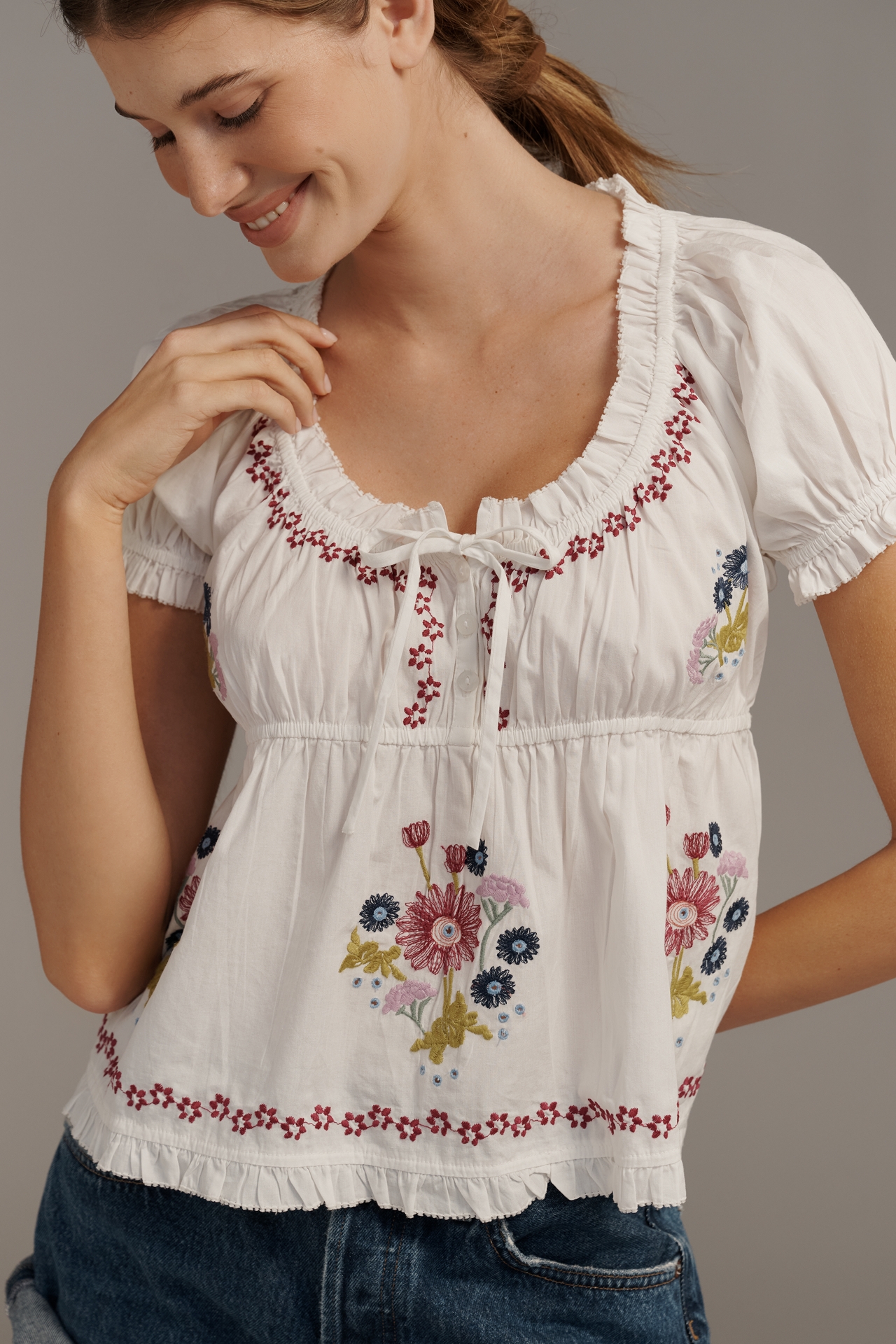 By Anthropologie Puff-Sleeve Embroidered Babydoll Top