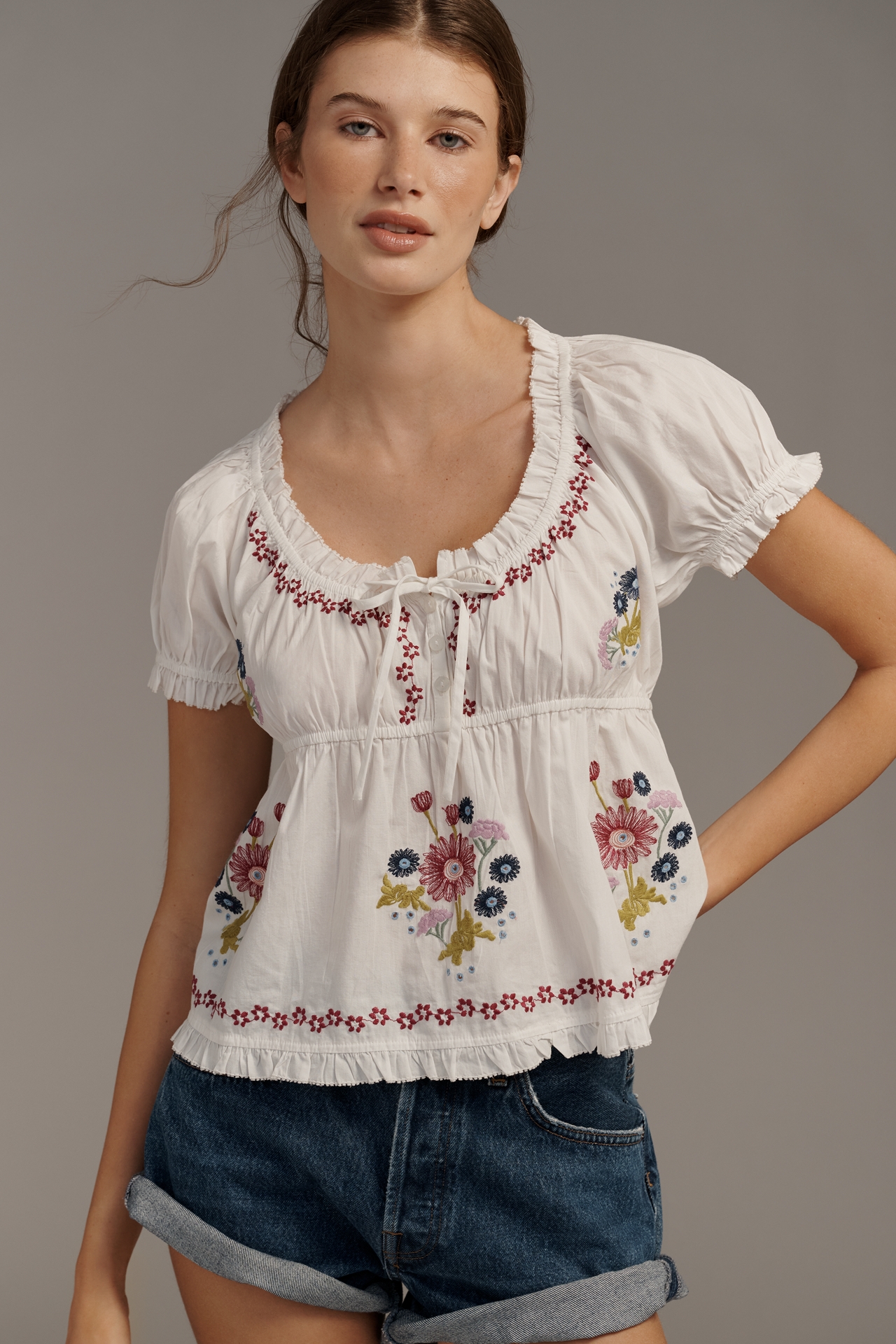 By Anthropologie Puff-Sleeve Embroidered Babydoll Top