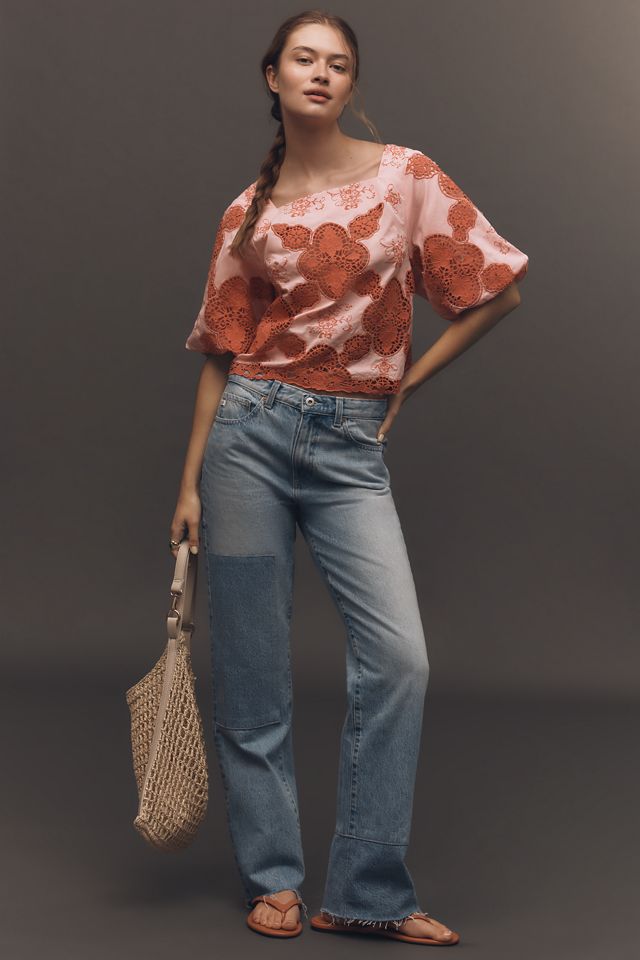 By Anthropologie Cotton Puff-Sleeve Cutwork Blouse