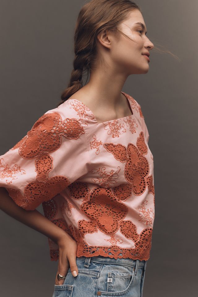 By Anthropologie Cotton Puff-Sleeve Cutwork Blouse #3