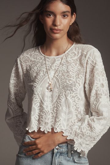 By Anthropologie Long-Sleeve Appliqué Mesh Top