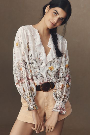 By Anthropologie Long-Sleeve Appliqué Mesh Top