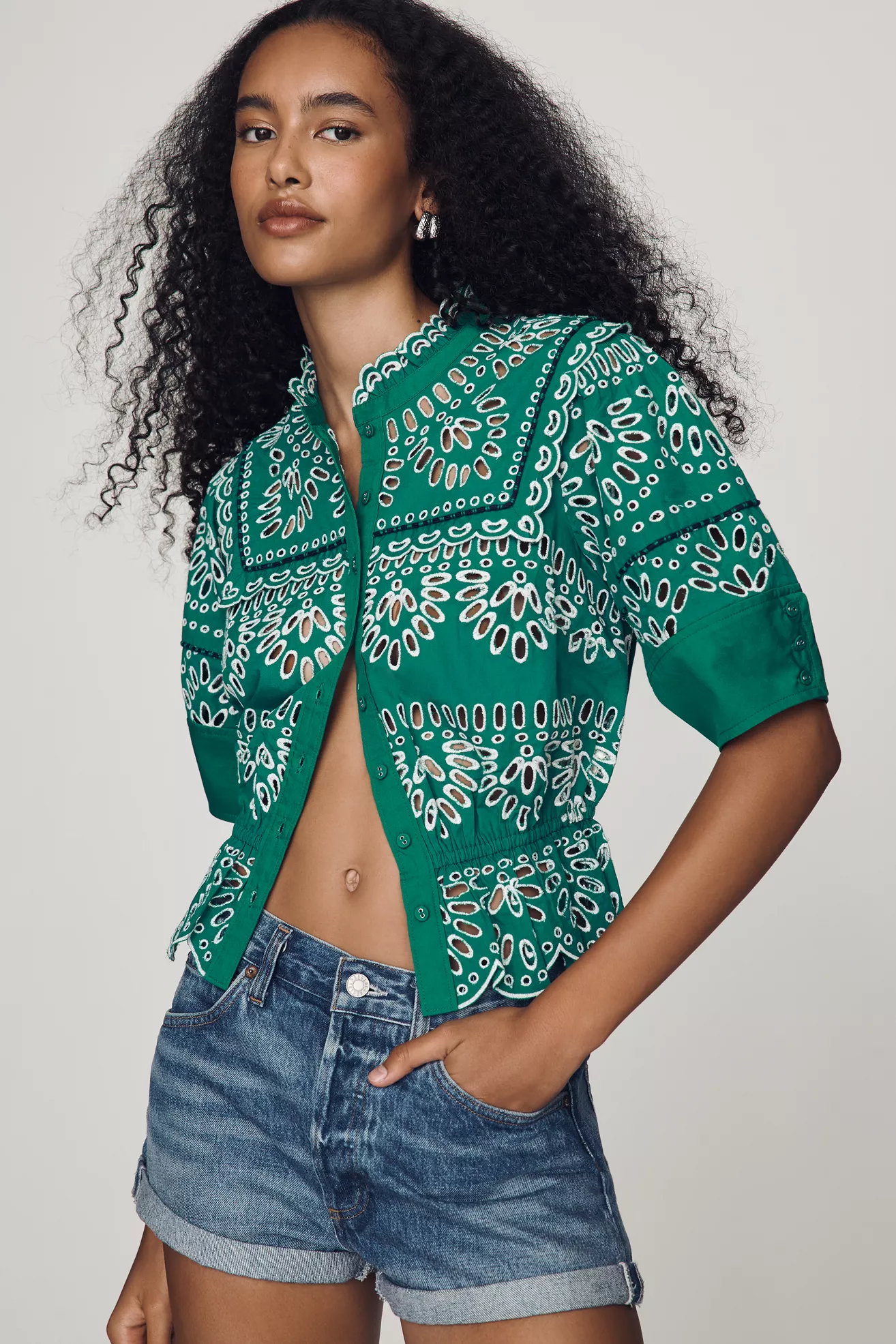 Maeve Eyelet Buttondown Peplum Blouse
