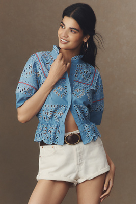 Maeve Short-sleeve Eyelet Peplum Buttondown Blouse In Blue