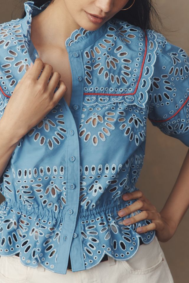Maeve Eyelet Buttondown Peplum Blouse 