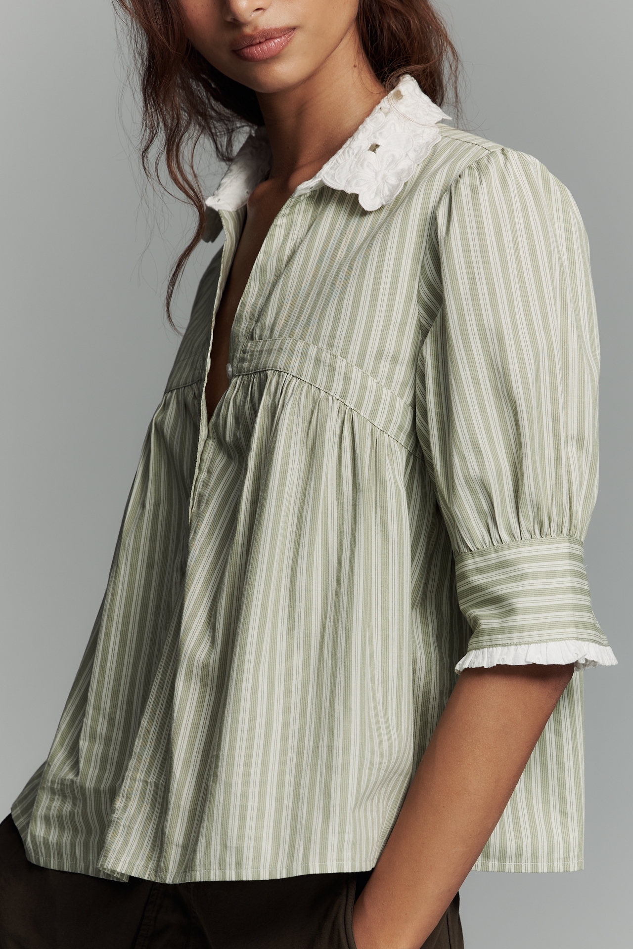 By Anthropologie Long-Sleeve Collared Babydoll Top