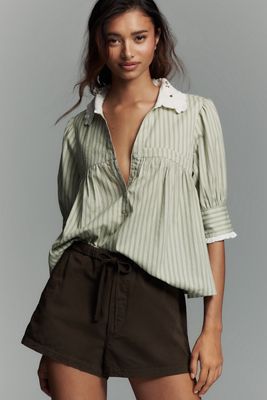 By Anthropologie Long-Sleeve Collared Babydoll Top