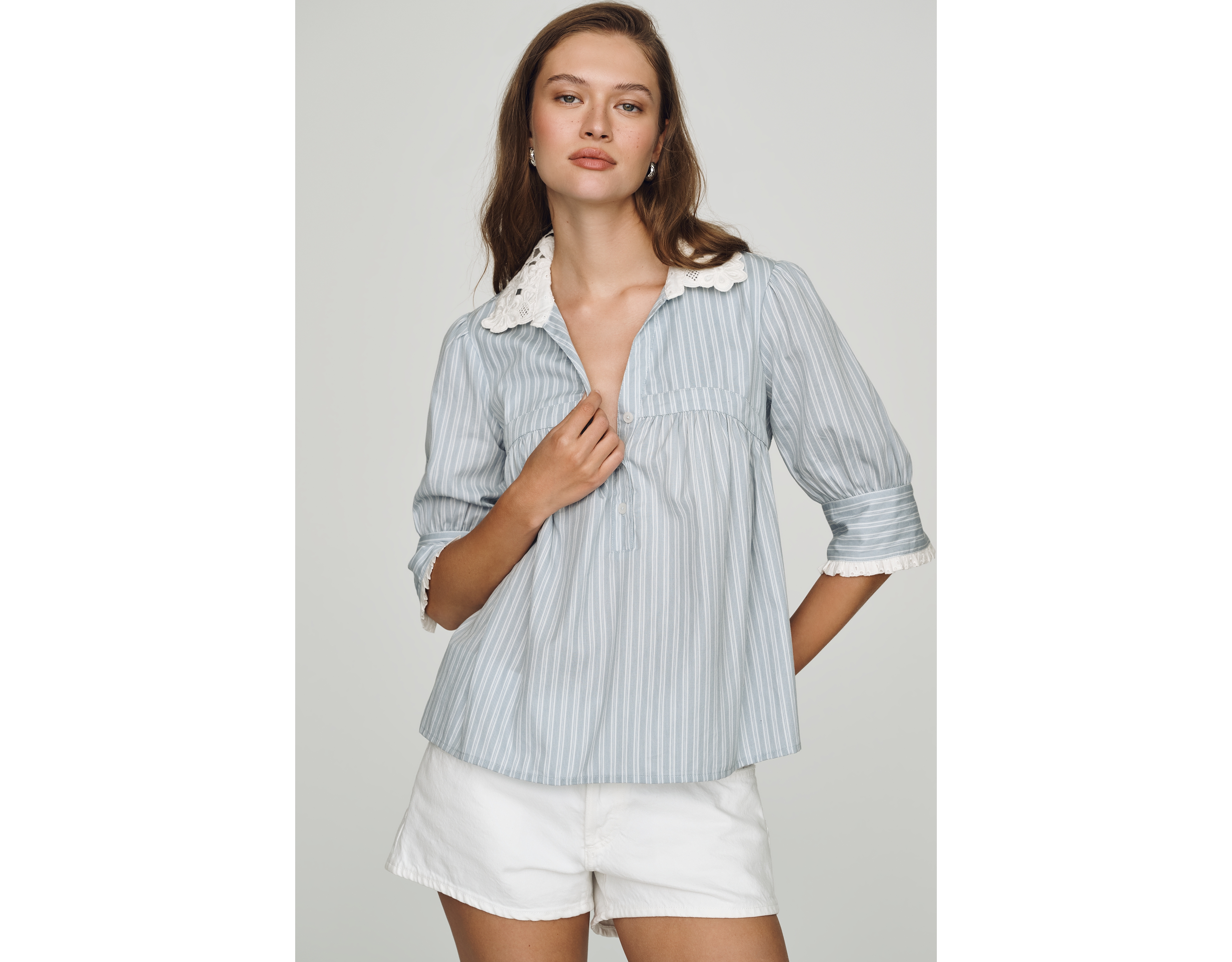By Anthropologie Long-Sleeve Collared Babydoll Top