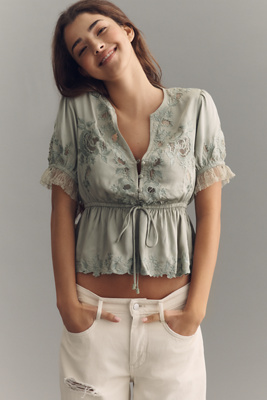 By Anthropologie Embroidered V-Neck Peplum Blouse | Anthropologie