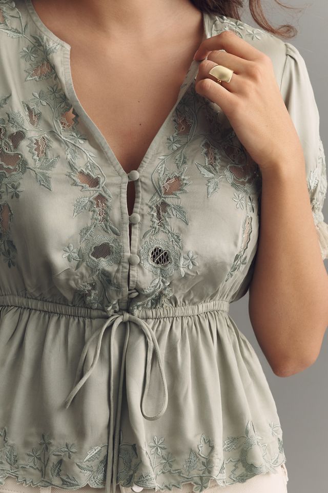 By Anthropologie Embroidered V-Neck Peplum Blouse #1