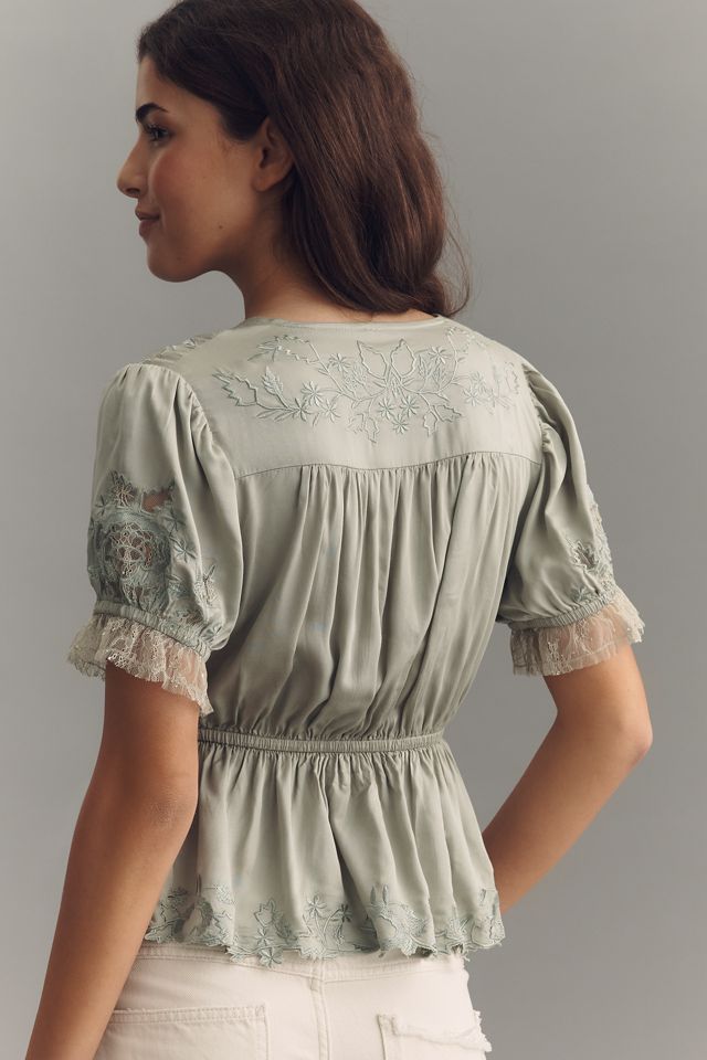 By Anthropologie Embroidered V-Neck Peplum Blouse | Anthropologie