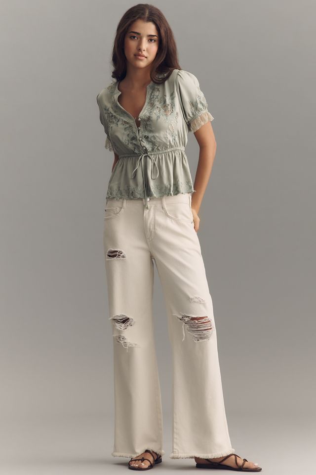 By Anthropologie Embroidered V-Neck Peplum Blouse #3