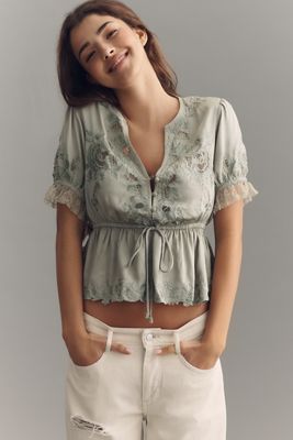 By Anthropologie Embroidered V-Neck Peplum Blouse
