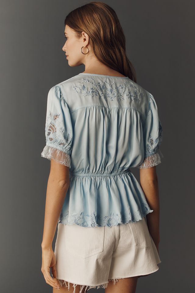 By Anthropologie Embroidered V-Neck Peplum Blouse #3