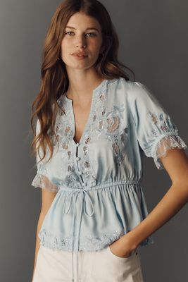By Anthropologie Bestickte Schößchen-Bluse mit V-Ausschnitt