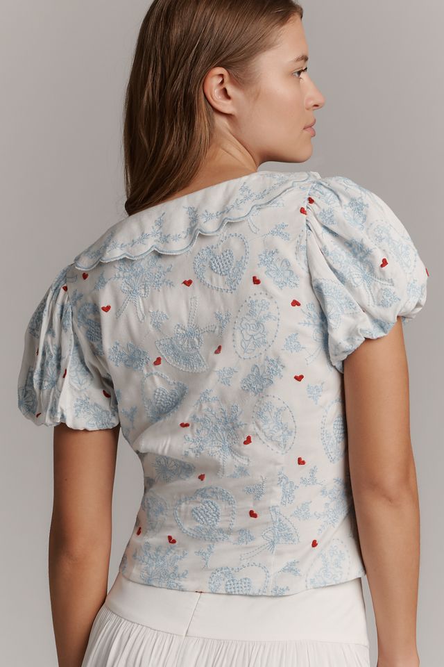 For Love & Lemons Livia Linen Blend Puff-Sleeve Blouse #1