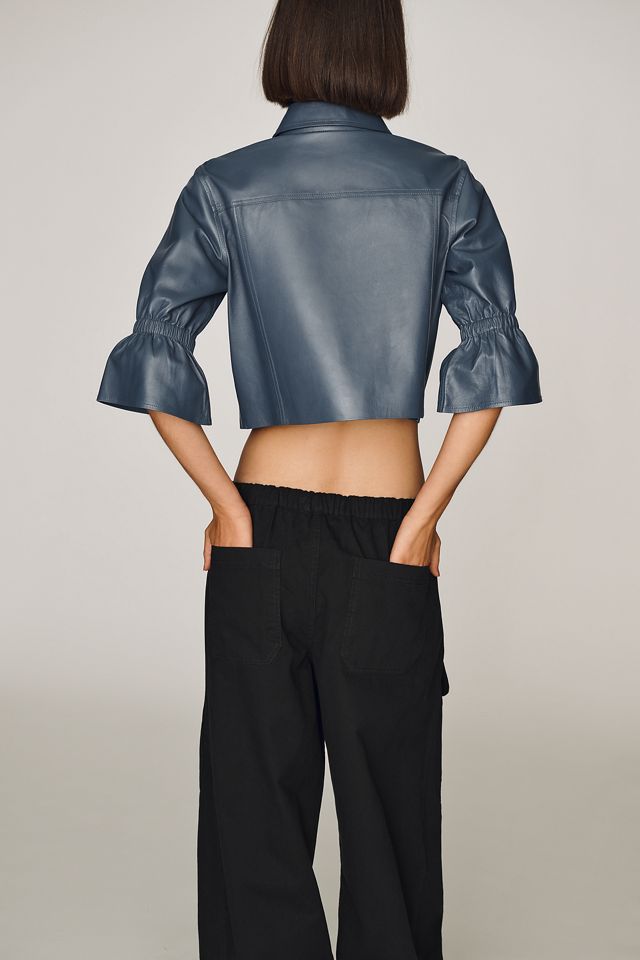 Lamarque Carolina Ruffle-Sleeve Leather Cropped Top #2