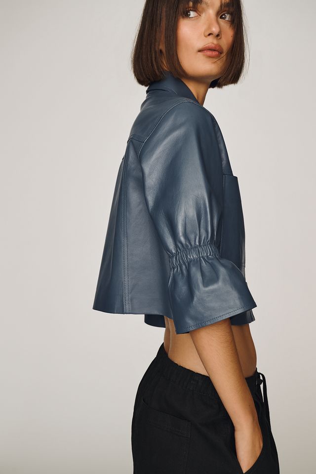 Lamarque Carolina Ruffle-Sleeve Leather Cropped Top #4