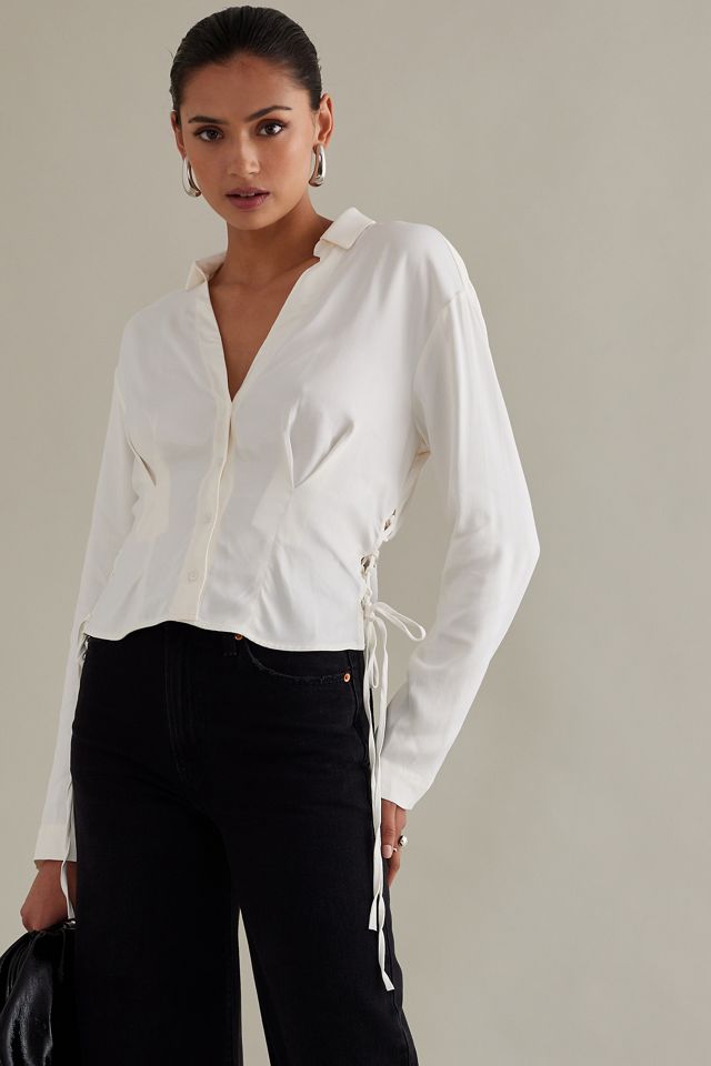 By Anthropologie Long-Sleeve Silky Corset Blouse #3