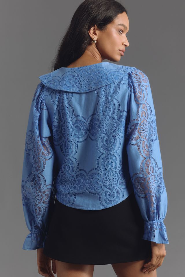 Maeve Long-Sleeve Collared Flower-Button Lace Blouse | Anthropologie