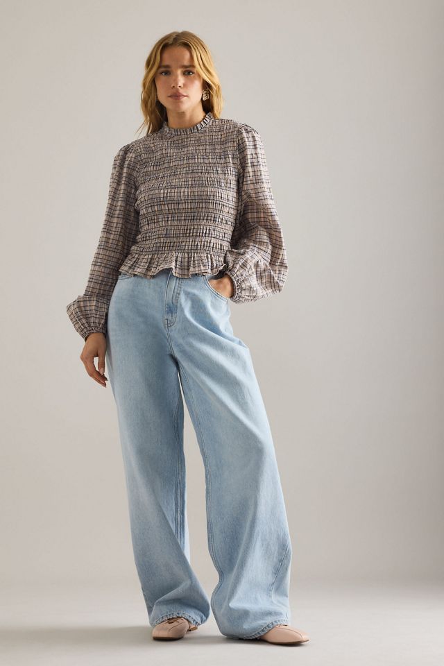 By Anthropologie Long-Sleeve Check Smock Blouse #2