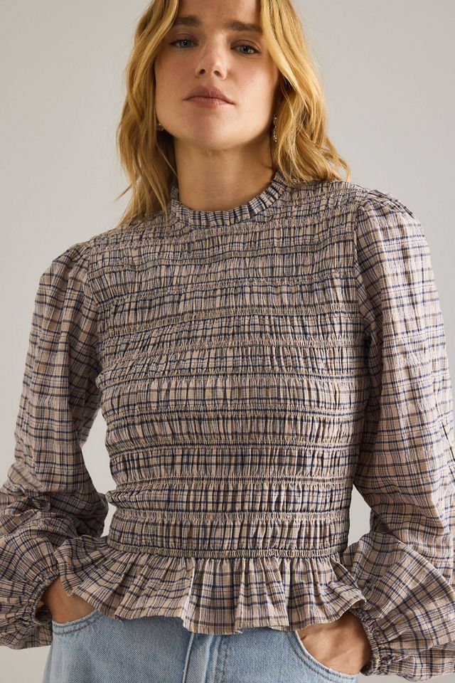By Anthropologie Long-Sleeve Check Smock Blouse #4