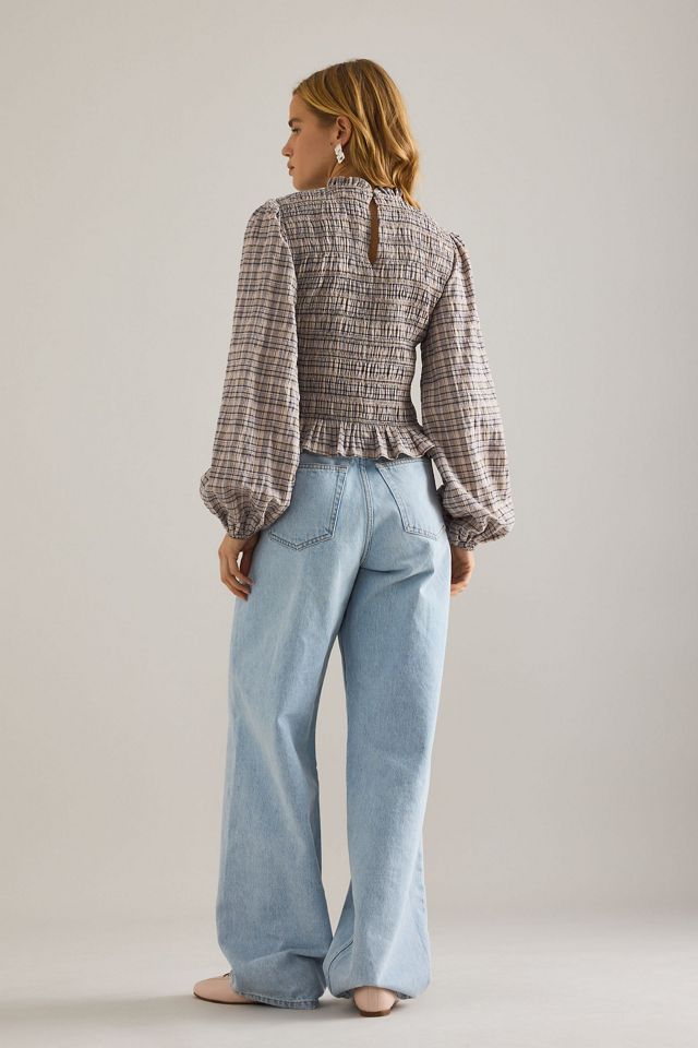 By Anthropologie Long-Sleeve Check Smock Blouse #1