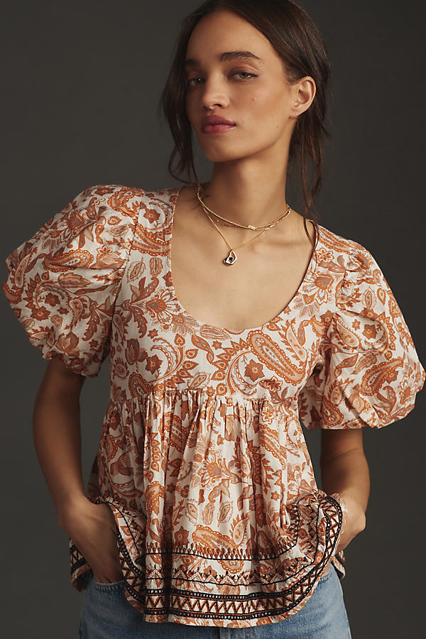 By Anthropologie Puff-Sleeve Babydoll Blouse