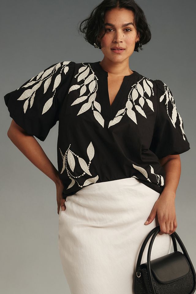 By Anthropologie Puff-Sleeve Embroidered Blouse #4