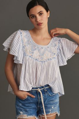 By Anthropologie Embroidered Flutter-sleeve Top In Blue