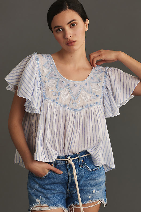 By Anthropologie Embroidered Flutter-Sleeve Top